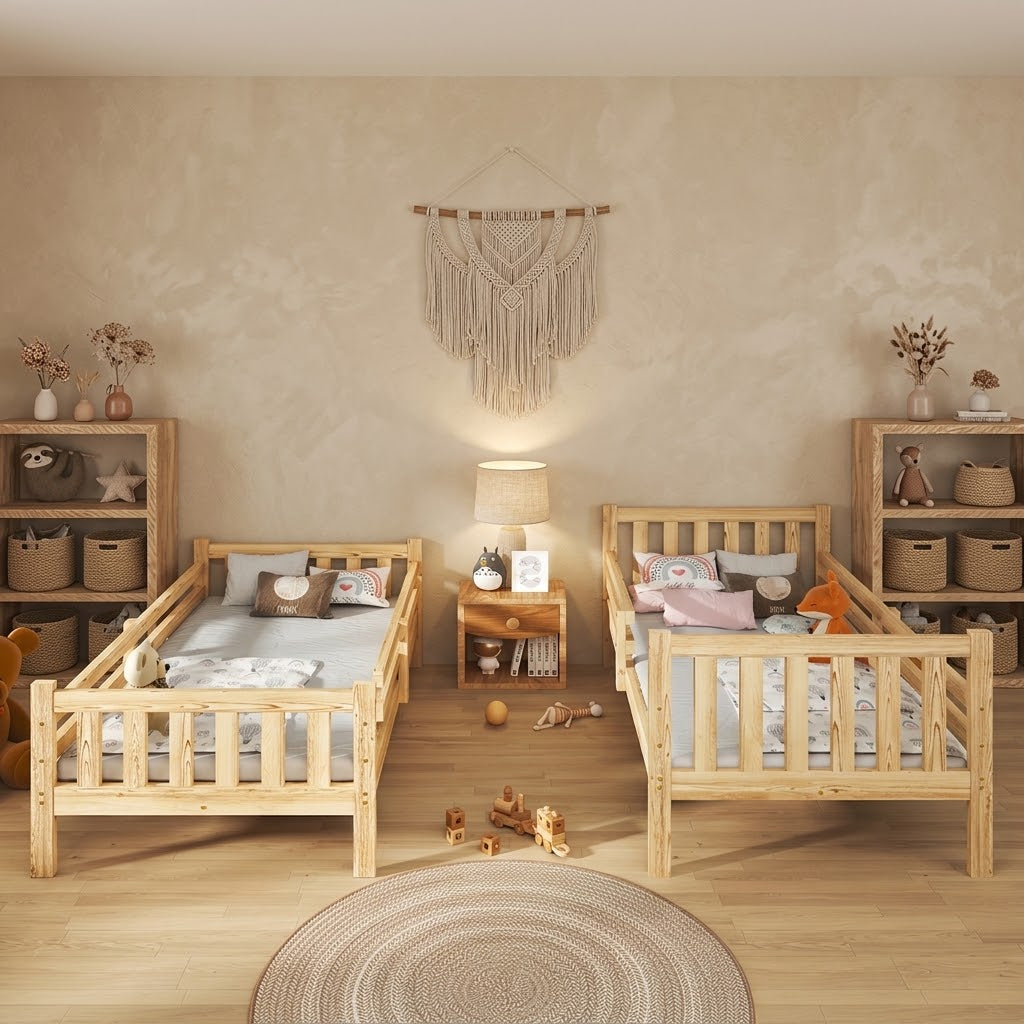 Lit Superposé Enfant Convertible en Bois de Pin avec Échelle et Barrières de Sécurité