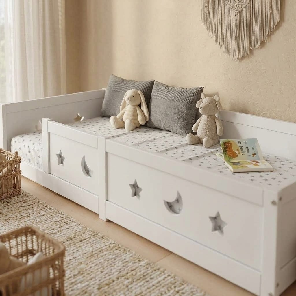 Lit Montessori au Sol Enfant en Bois Massif avec Barrière et Porte – Design Scandinave