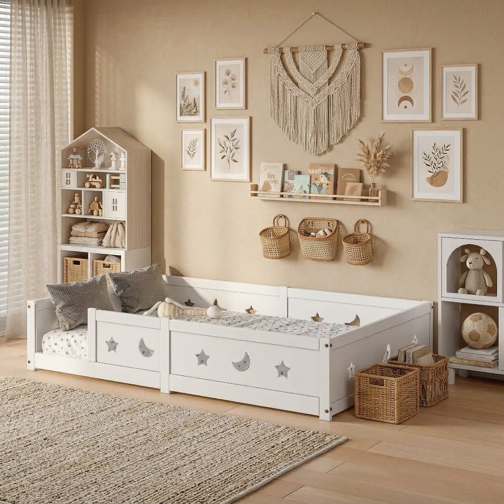 Lit Montessori au Sol Enfant en Bois Massif avec Barrière et Porte – Design Scandinave