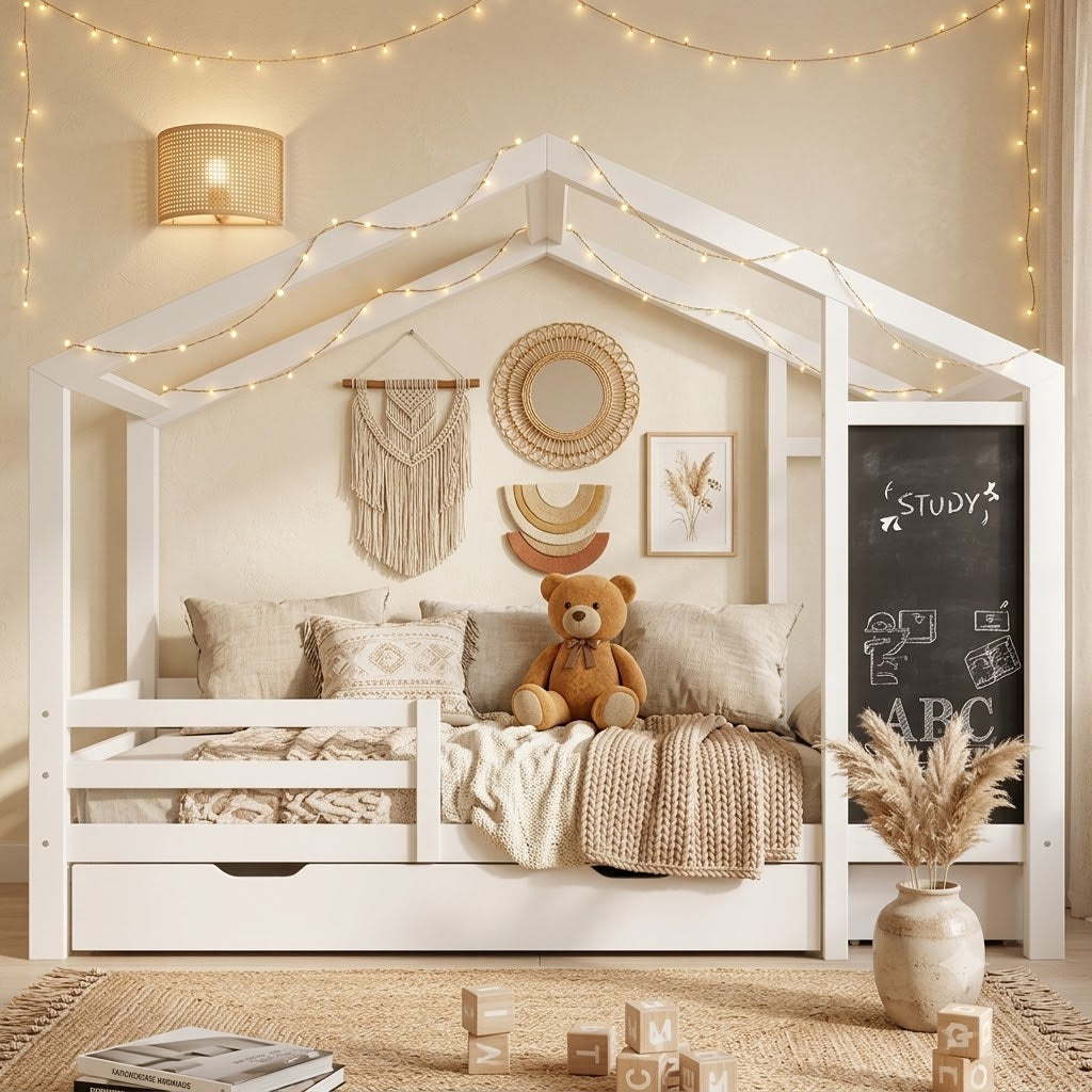 Lit cabane Montessori enfant 90x200 cm en bois massif de pin avec tableau noir et 2 tiroirs de rangement