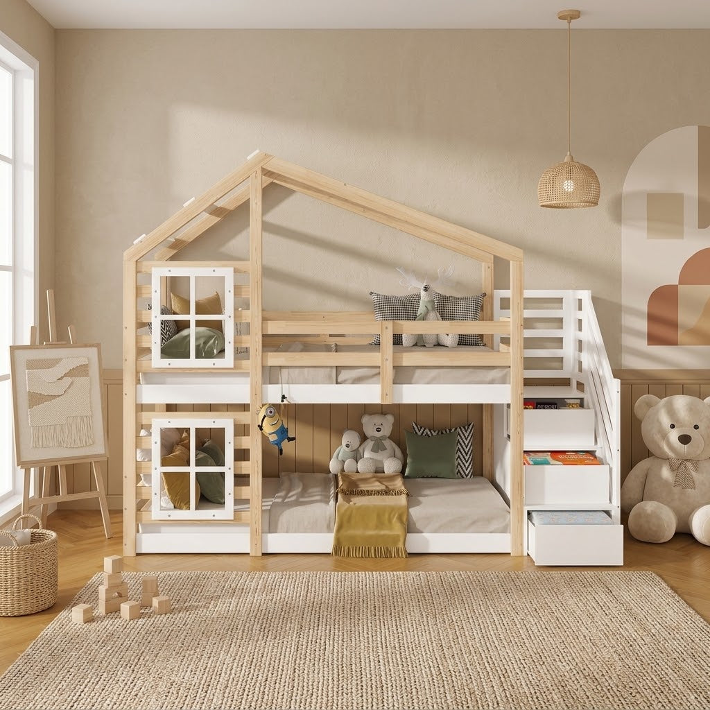 Lit Superposé Enfant en Bois Massif avec Escalier Tiroirs de Rangement – Barrières Sécurité