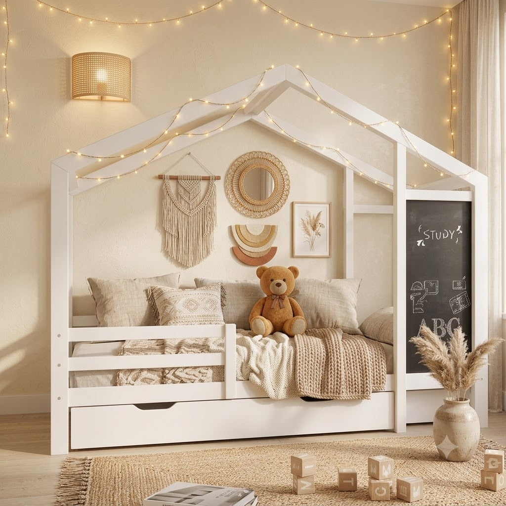 Lit cabane Montessori enfant 90x200 cm en bois massif de pin avec tableau noir et 2 tiroirs de rangement
