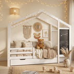 Lit cabane Montessori enfant 90x200 cm en bois massif de pin avec tableau noir et 2 tiroirs de rangement