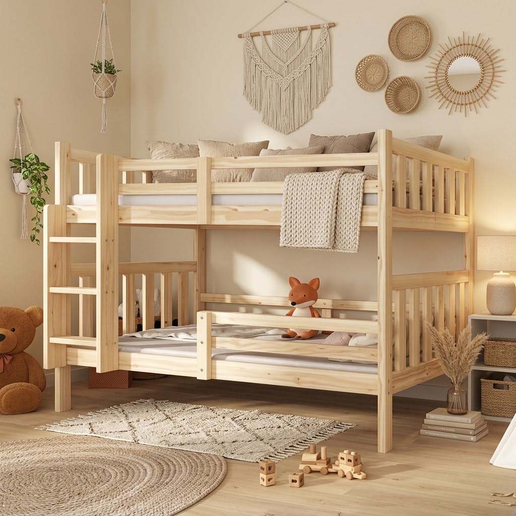 Lit Superposé Enfant Convertible en Bois de Pin avec Échelle et Barrières de Sécurité