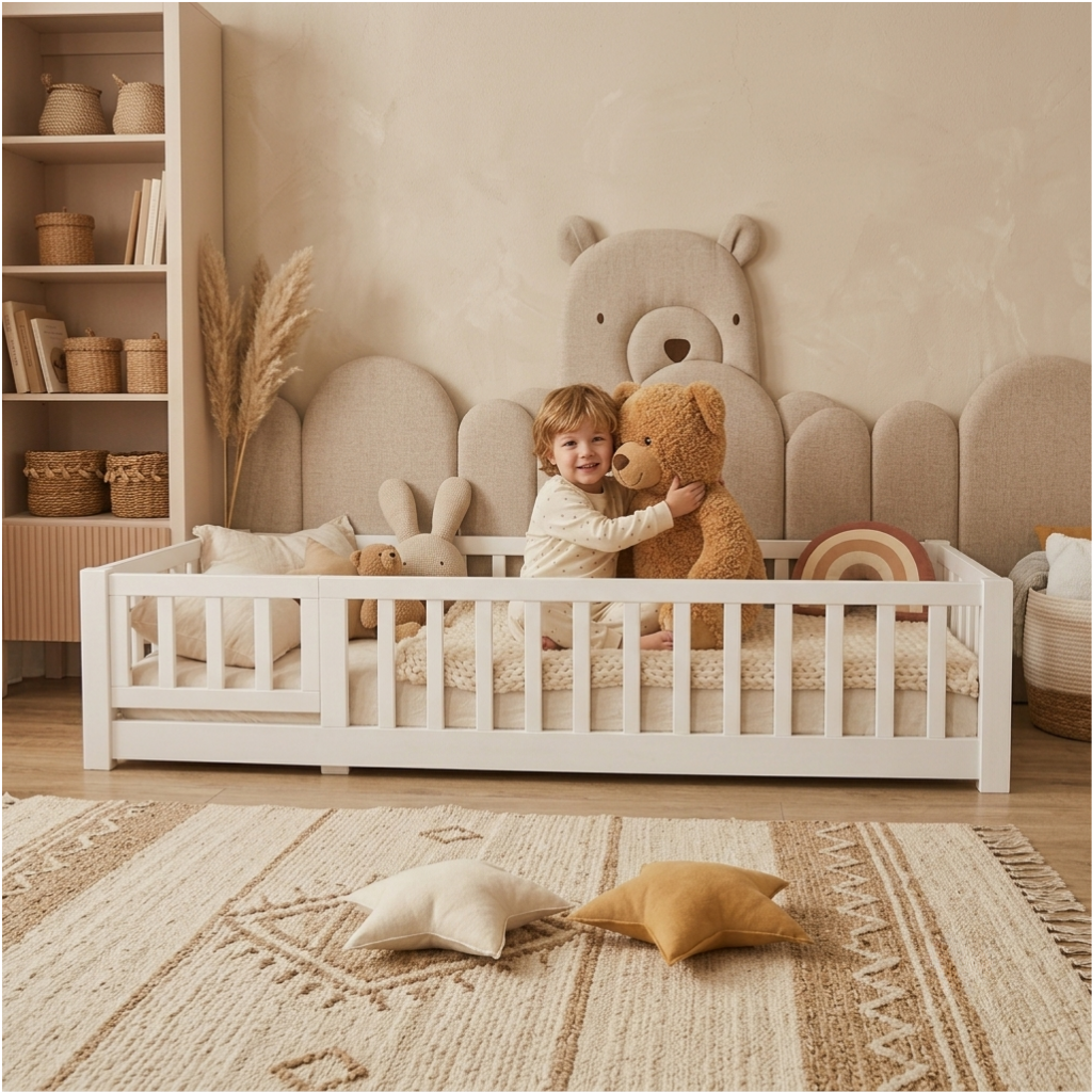 Lit Montessori Enfant en Bois Massif de Pin 90x200 cm avec Barrières de Protection – Blanc
