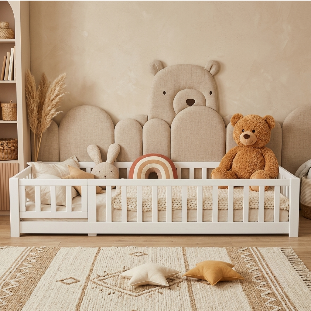 Lit Montessori Enfant en Bois Massif de Pin 90x200 cm avec Barrières de Protection – Blanc