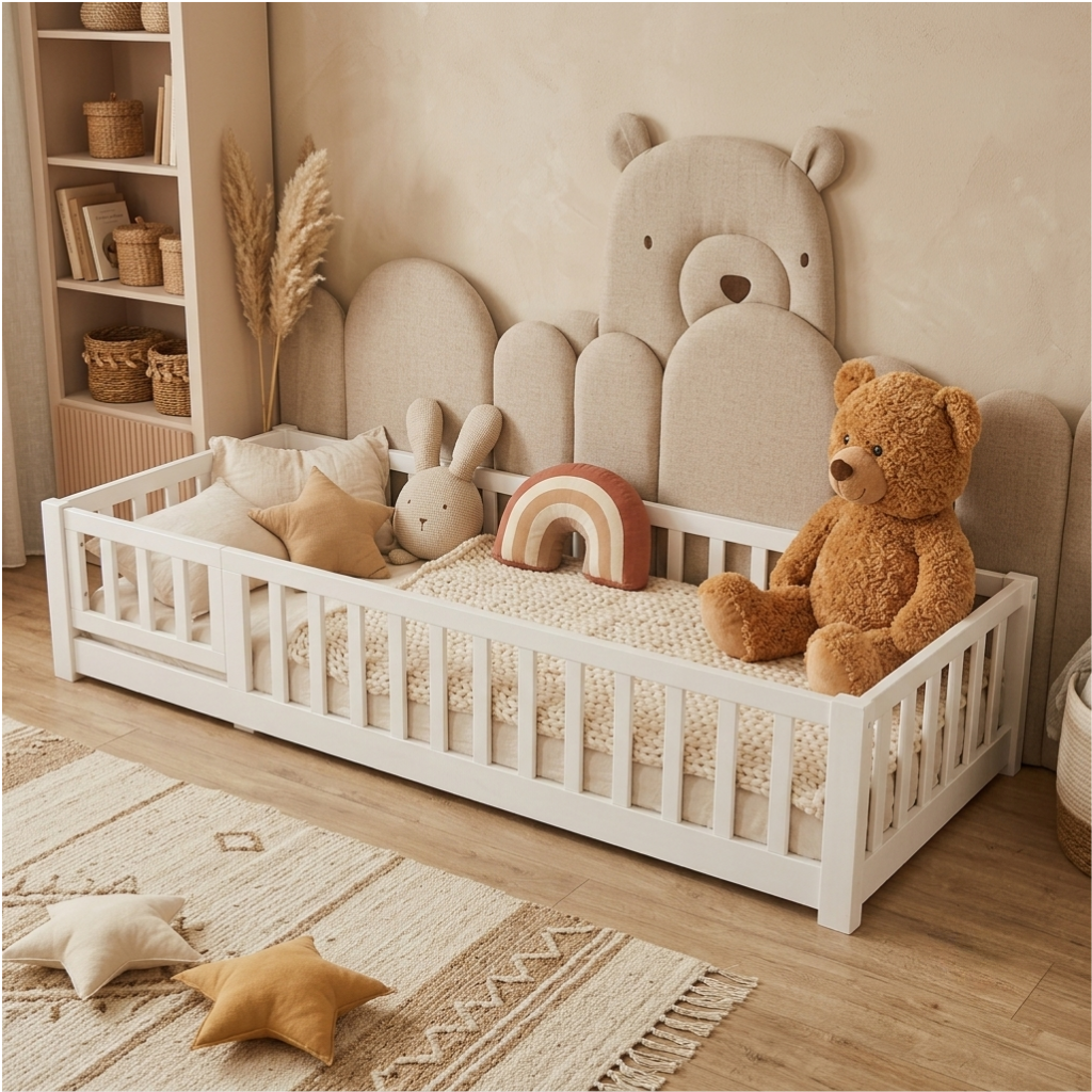 Lit Montessori Enfant en Bois Massif de Pin 90x200 cm avec Barrières de Protection – Blanc