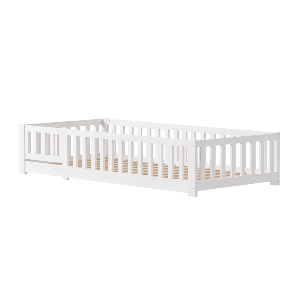 Lit Montessori Enfant en Bois Massif de Pin 90x200 cm avec Barrières de Protection – Blanc