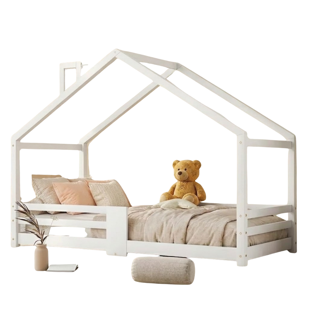 Lit Cabane Enfant en Bois Massif de Pin 90x200 cm avec Barrières de Protection – Design Maisonnette