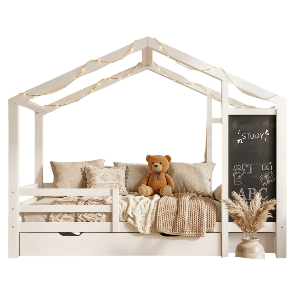 Lit cabane Montessori enfant 90x200 cm en bois massif de pin avec tableau noir et 2 tiroirs de rangement