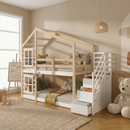Lit Superposé Enfant en Bois Massif avec Escalier Tiroirs de Rangement – Barrières Sécurité