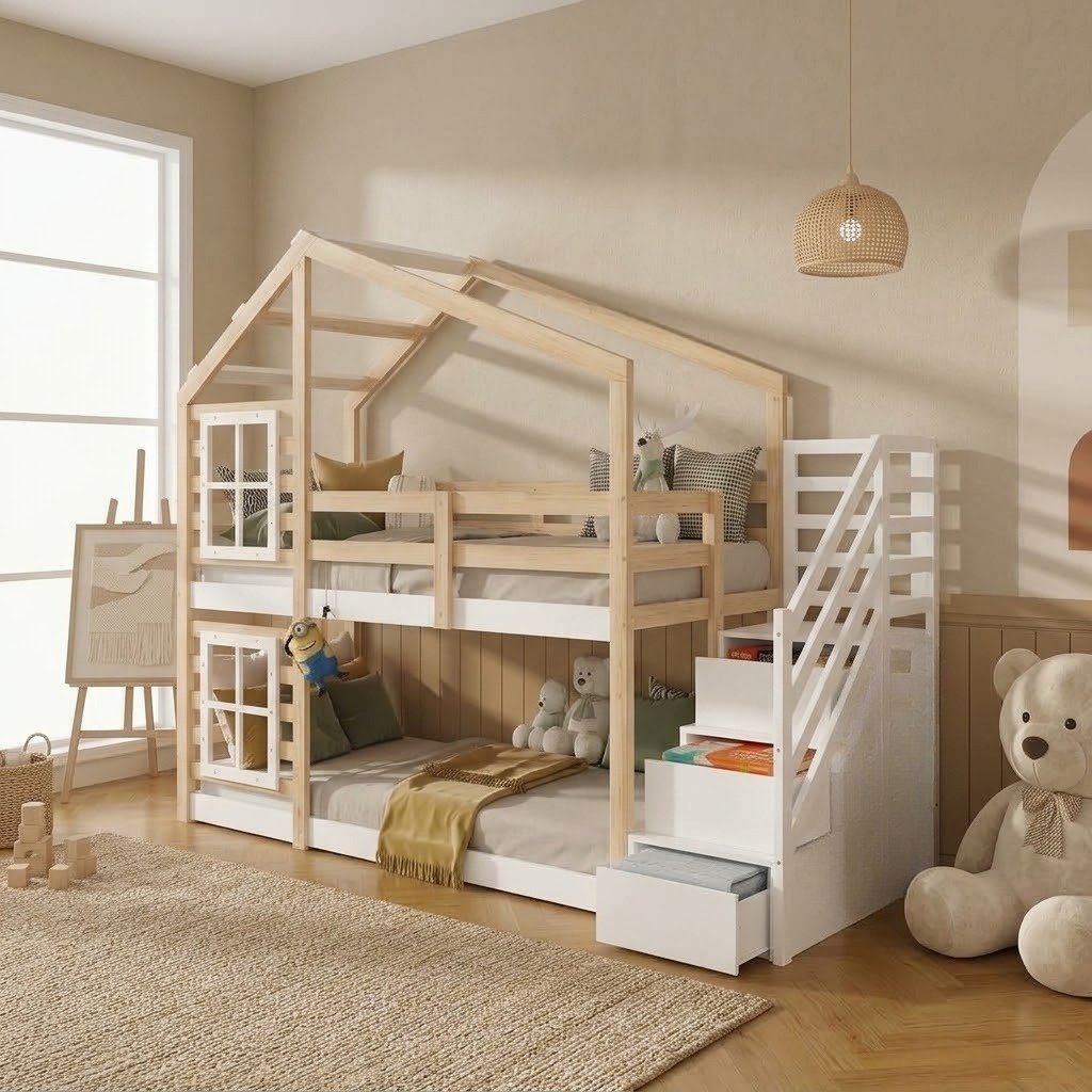 Lit Superposé Enfant en Bois Massif avec Escalier Tiroirs de Rangement – Barrières Sécurité