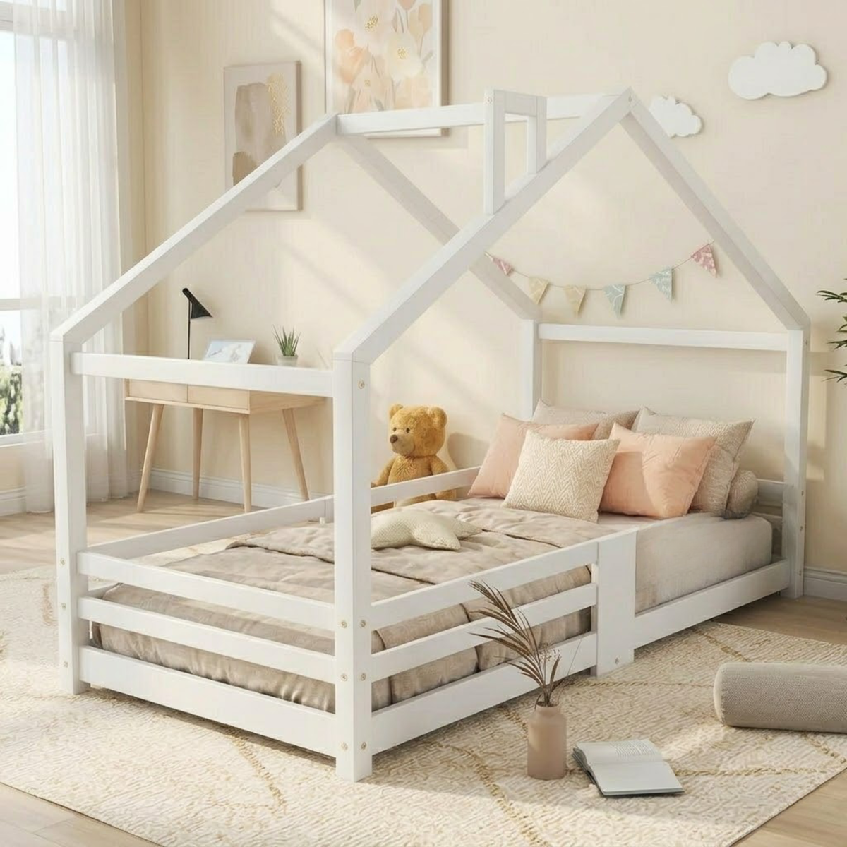 Lit Cabane Enfant en Bois Massif de Pin 90x200 cm avec Barrières de Protection – Design Maisonnette