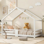 Lit Cabane Enfant en Bois Massif de Pin 90x200 cm avec Barrières de Protection – Design Maisonnette