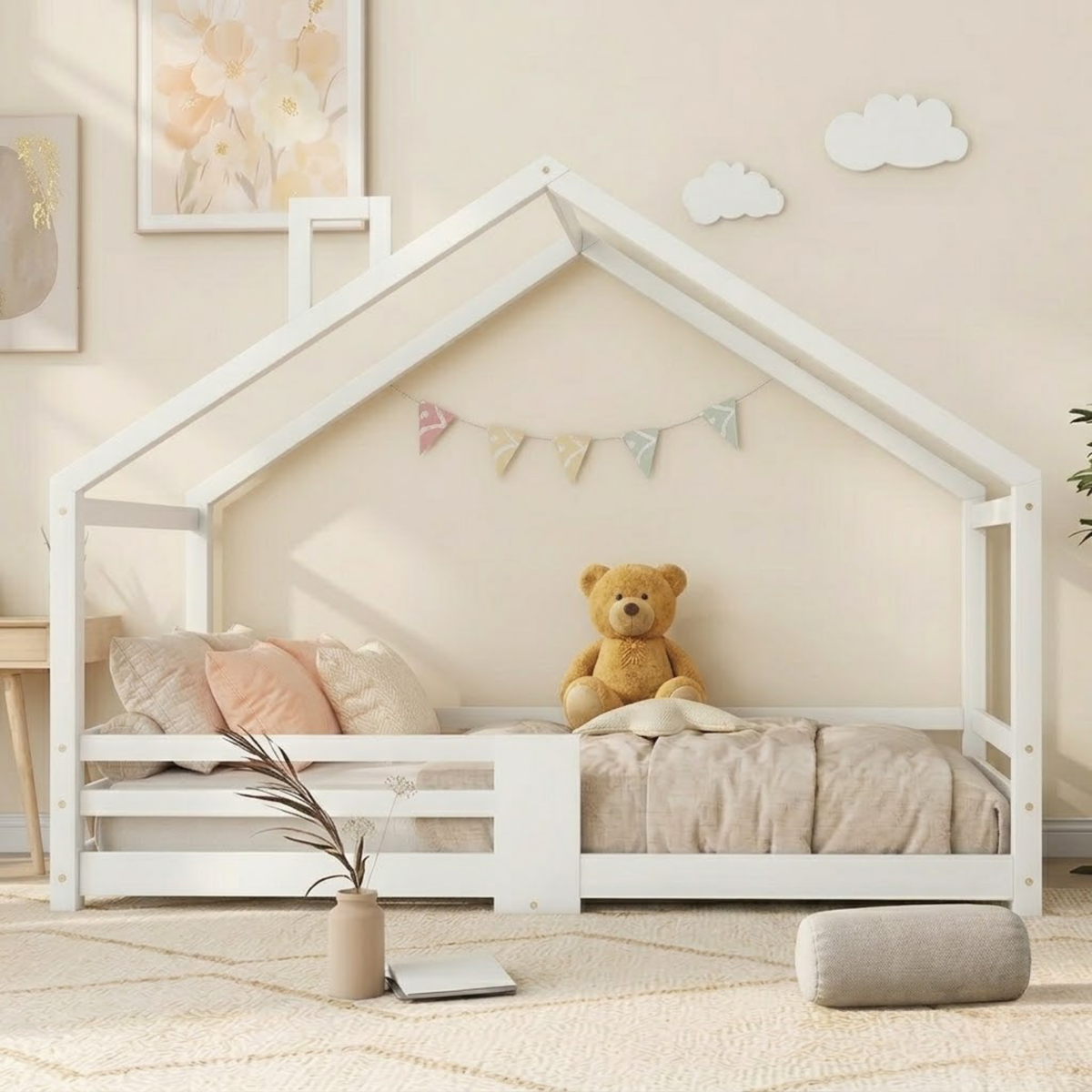 Lit Cabane Enfant en Bois Massif de Pin 90x200 cm avec Barrières de Protection – Design Maisonnette