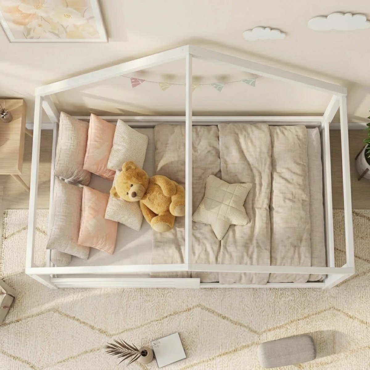 Lit Cabane Enfant en Bois Massif de Pin 90x200 cm avec Barrières de Protection – Design Maisonnette