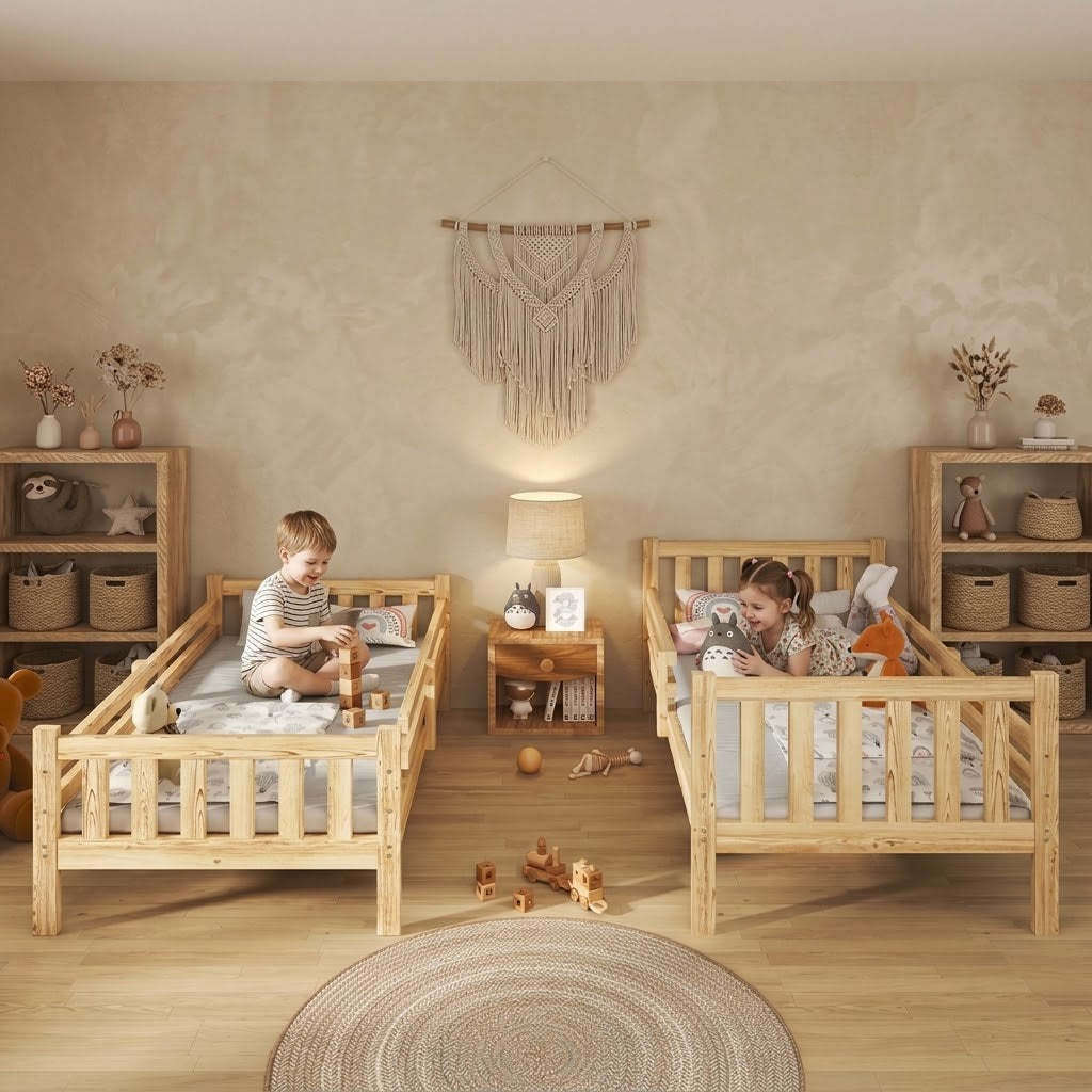 Lit Superposé Enfant Convertible en Bois de Pin avec Échelle et Barrières de Sécurité