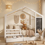 Lit cabane Montessori enfant 90x200 cm en bois massif de pin avec tableau noir et 2 tiroirs de rangement
