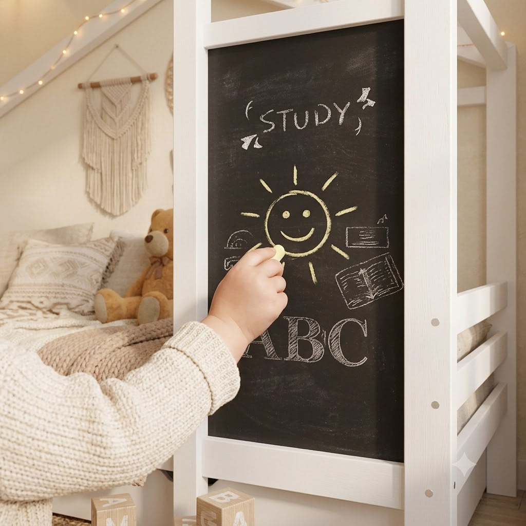 Lit cabane Montessori enfant 90x200 cm en bois massif de pin avec tableau noir et 2 tiroirs de rangement