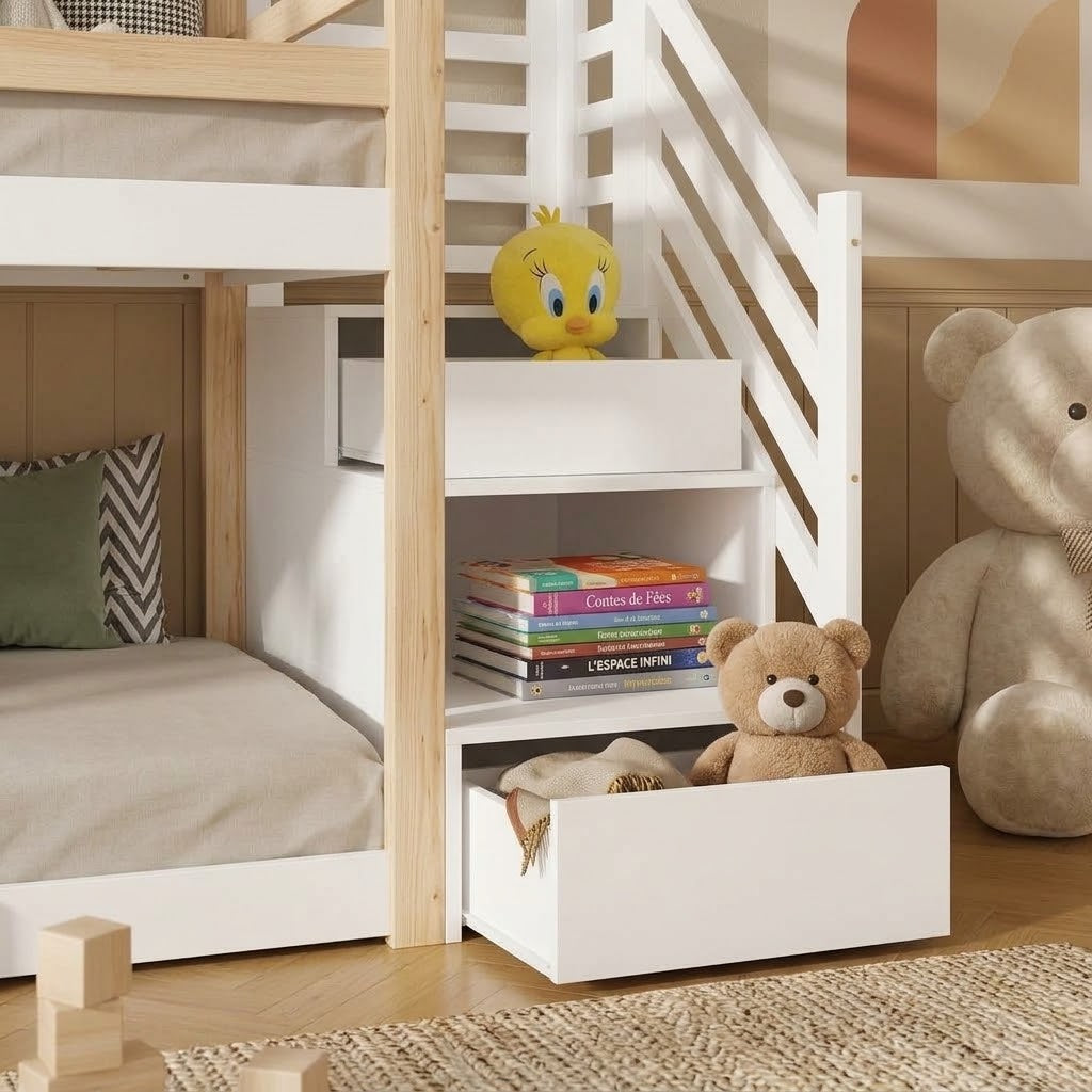 Lit Superposé Enfant en Bois Massif avec Escalier Tiroirs de Rangement – Barrières Sécurité