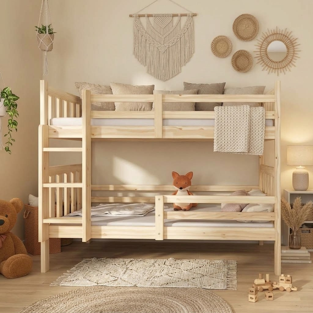 Lit Superposé Enfant Convertible en Bois de Pin avec Échelle et Barrières de Sécurité